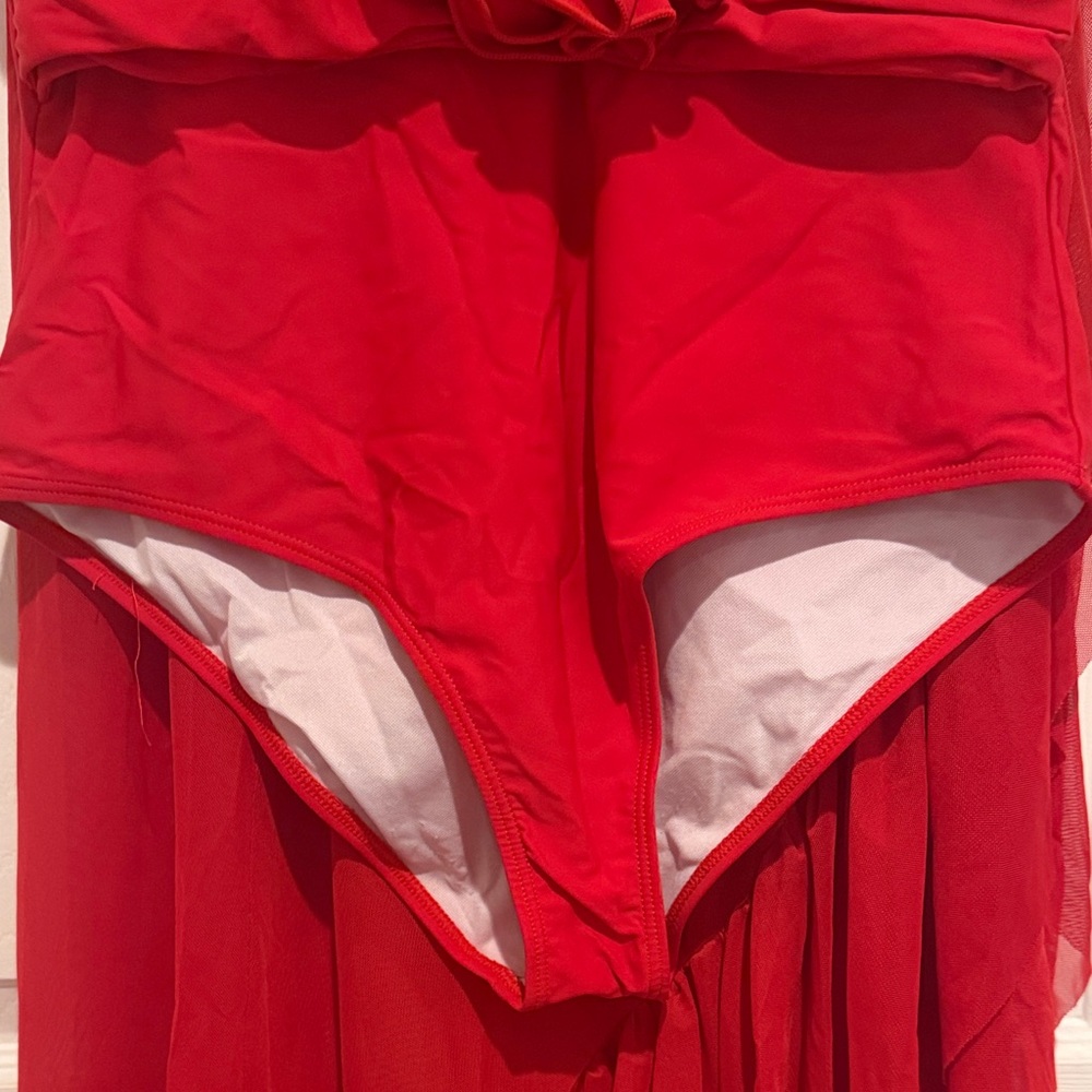 Red Floral Accent Plunge One-Piece Swimsuit & Matching Maxi Skirt Set - Picture 5 of 15